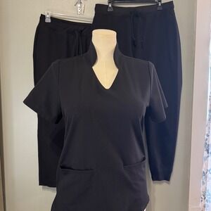 Mandala Equa-Tek Black Scrub Set Top L 2 Pairs Jogger Pants PL Lrg Cuffed 3pc